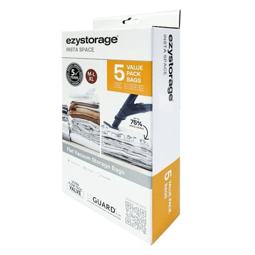 Ezystorage Insta Space Flat‎ Vacuum Storage Bags 5 Pack Assorted Sizes M L XL